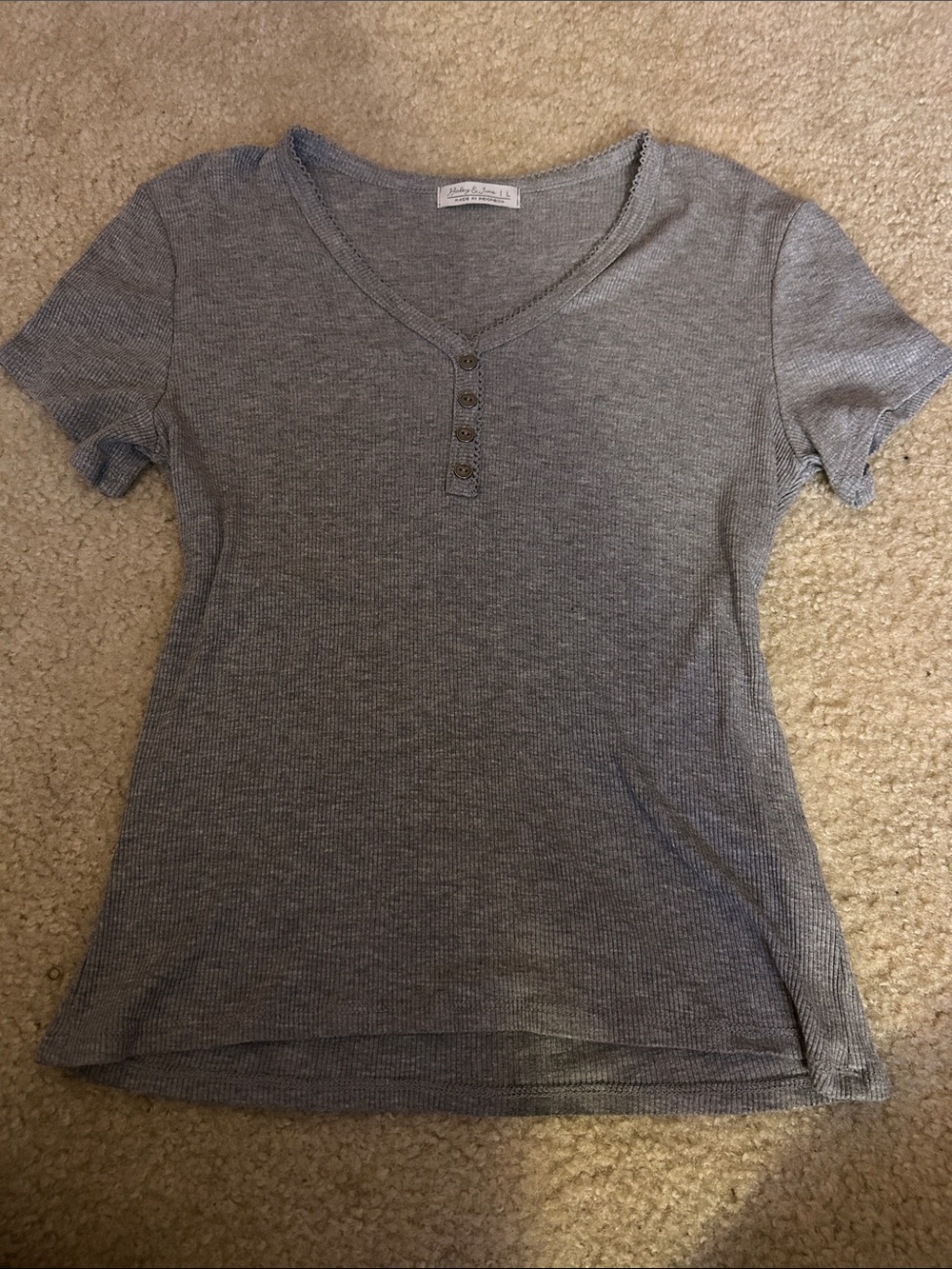 Women’s Heather Gray Ribbed V-Neck Button Tee